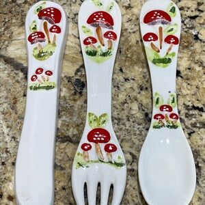 Vintage Mushroom Ceramic Decorative Spoon Fork Knife Retro Hippie